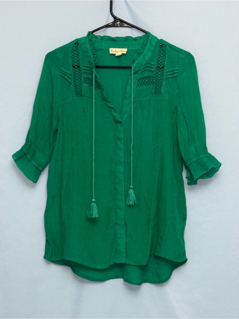 Indigo Rose Emerald Green Boho Peasant Blouse Tassel Tie Top Size M
